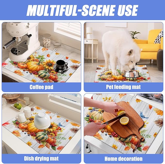 Sunflower Pumpkin Dish Drying Mat for Kitchen Counter drying Pad Absorbent Reversible Dish Drainer Rack Mats Draining Pad 18"x24"Inch