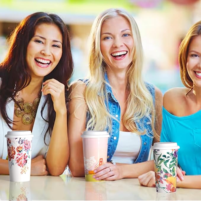 US Landmarks Travel Coffee Mug, Ceramic Coffee Travel Mug with Lid 12 Oz Double-wall To Go Travel Latte Cup for Car-Cup-Holder, Pale Pink for Women Men Girl Boy Sister Friends Birthday Christmas Gift