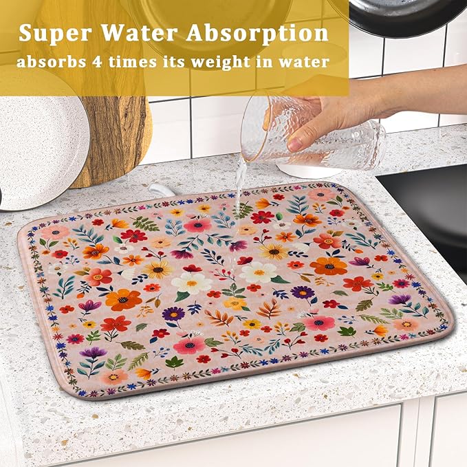 Boho Floral Dish Drying Mat - Pink Wildflower Absorbent Microfiber Kitchen Counter Pad for Home Coffee Bar Decor