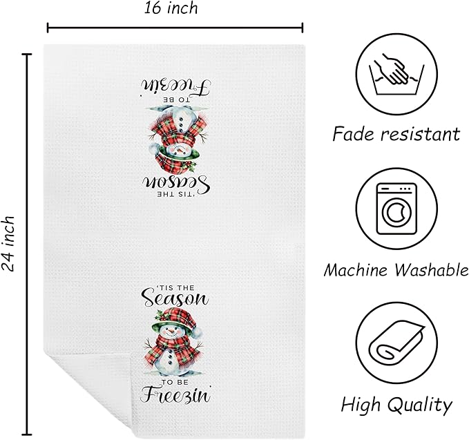 Winter Christmas Snowman Kitchen Towels, Farmhouse Winter Dish Tea Towels for Kitchen, Red and Green Checkered Christmas Decorative Hand Towel for Bathroom, 16x24 Inch
