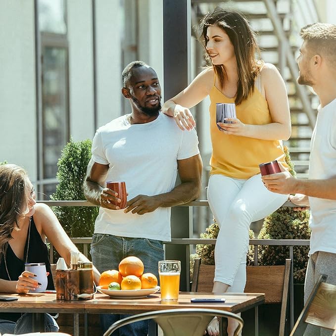 MEWAY 12oz/4 Pack Wine Tumbler Glasses with Lid - Stemless Double Wall Vacuum Stainless Steel Glitter Tumbler - Keeping Cold & Hot Cup for Coffee,Gift for Women(Rainbow White,Set of 4)