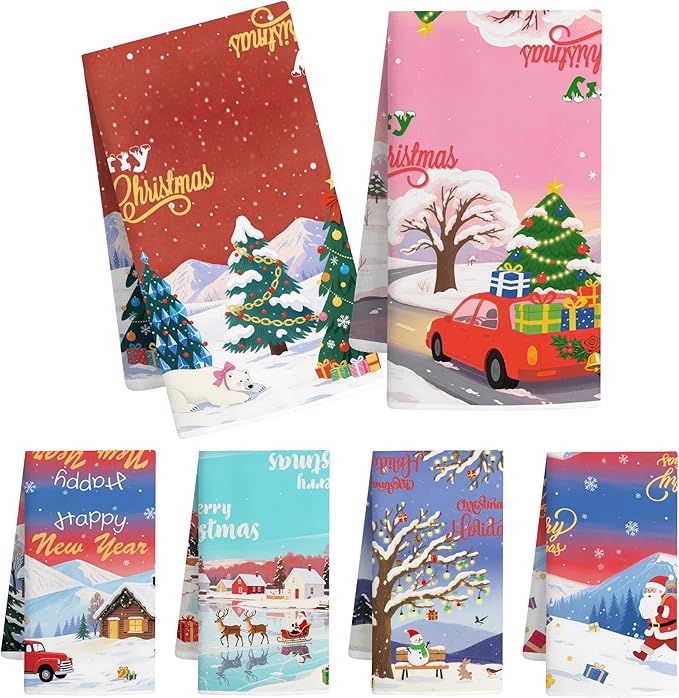Christmas Kitchen Towels Xmas Hand Towel Decorative - Tea Towel Winter Snowy Decor Towel Absorbent Sets with Hanging Loop for Dish Holiday Garden Farmhouse Bathroom, 6 Pcs