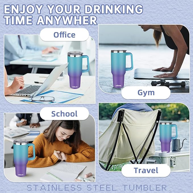 40 oz Insulated Coffee Mug with Ceramic Coating, Stainless Steel Travel Coffee Tumbler with Handle Lid and Straw, Double Wall Leak-Proof Coffee Travel Mug Keeps Drink Hot and Cold (Azure Purple)