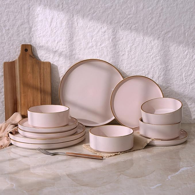 Famiware Nebula Plates and Bowls Sets for 4, 12 Pieces Stoneware Dinnerware Set, Microwave and Dishwasher Safe Dishes Set, Light Pink with Brown Rim
