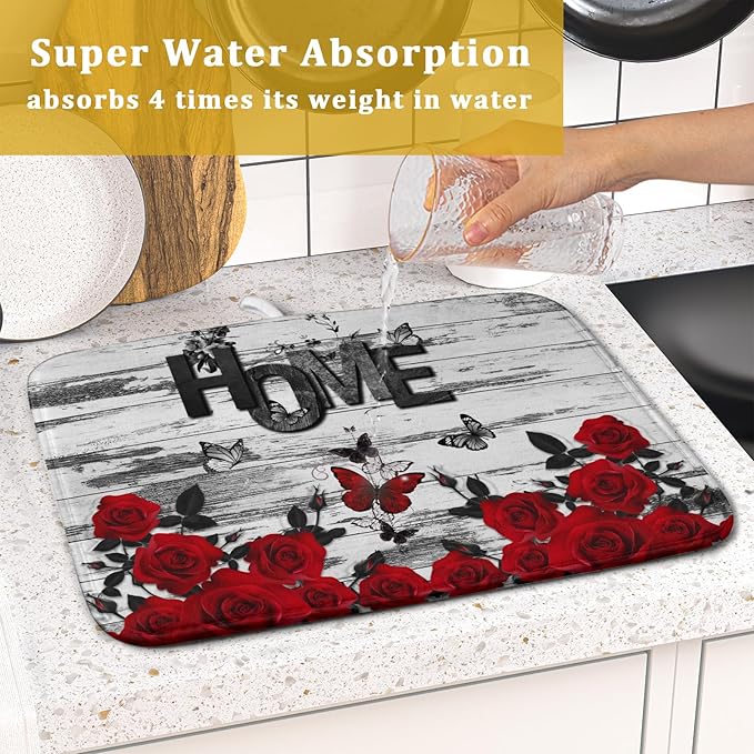 Red Rose Dish Drying Mat 16x18 inch Romantic Floral Absorbent Microfiber Sink Counter Dishware Drainer Pad for Kitchen Coffee Bar Decor