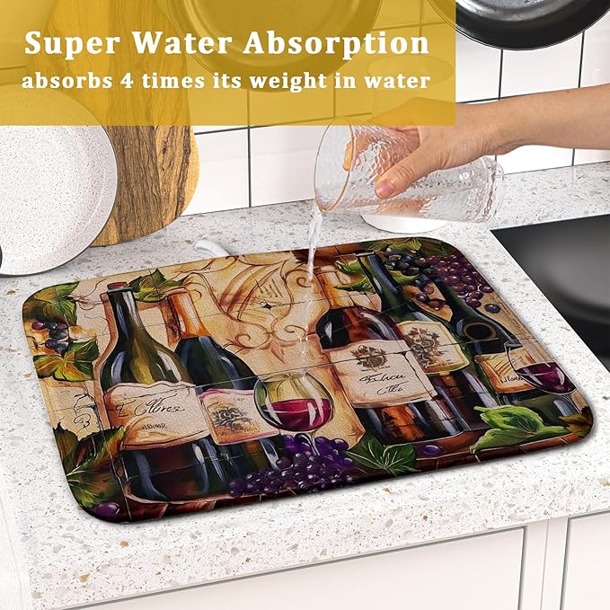 Wine Dish Drying Mat for Kitchen Counter Vintage Wine Glasses Dish Drainer Mats Absorbent Microfiber Dishes Pad Reusable Washable Large Dish Draining Mat 16x18 Inch
