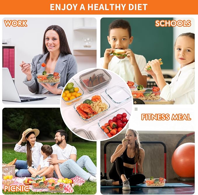 5-Pack Glass Storage Containers,Glass Food Container with Lid,Lunch Box,Bento Box,Storage Box,Meal Prep Containers,Lunch Containers, Fruit Preservation Boxes-Light Gray