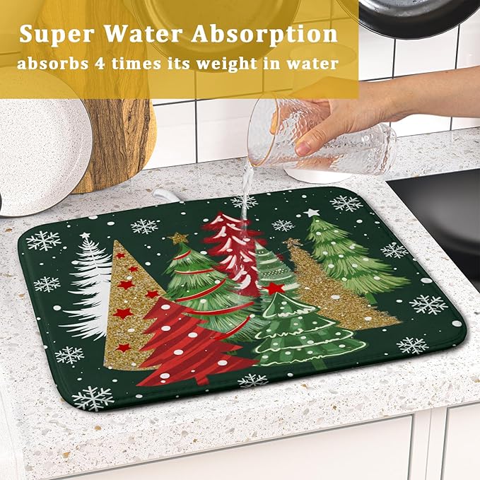 Christmas Green Dish Drying Mats 16x18 Inch, Farmhouse Gold Red Xmas Pine Trees Winter Holiday Absorbent Fast Dry Microfiber Dishes Drainer Rack Pad Farmhouse Rustic Holiday Kitchen Decor