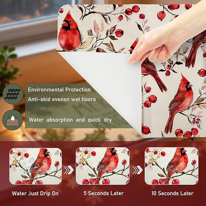 Christmas Red Cardinal Dish Drying Mat, Christmas Berry Tree Cardinal Coffee Bar Mat for Countertops, Rustic Xmas Absorbent Dish Drying Mats for Kitchen Counter Coffee Maker, 16x24 Inch
