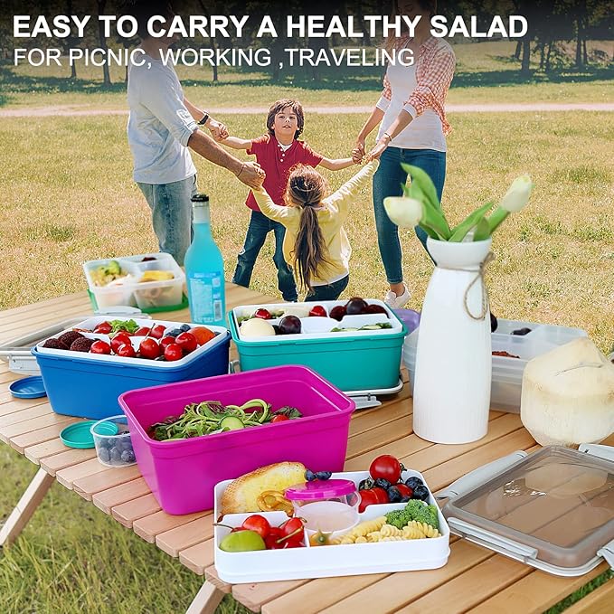 shopwithgreen LARGER Salad Containers To Go for Lunch (3 Pack), Bento Box with Dressing Pots & 5-Compartment Removable Tray, Microwave and Dishwasher Safe, BPA-free, 64 oz