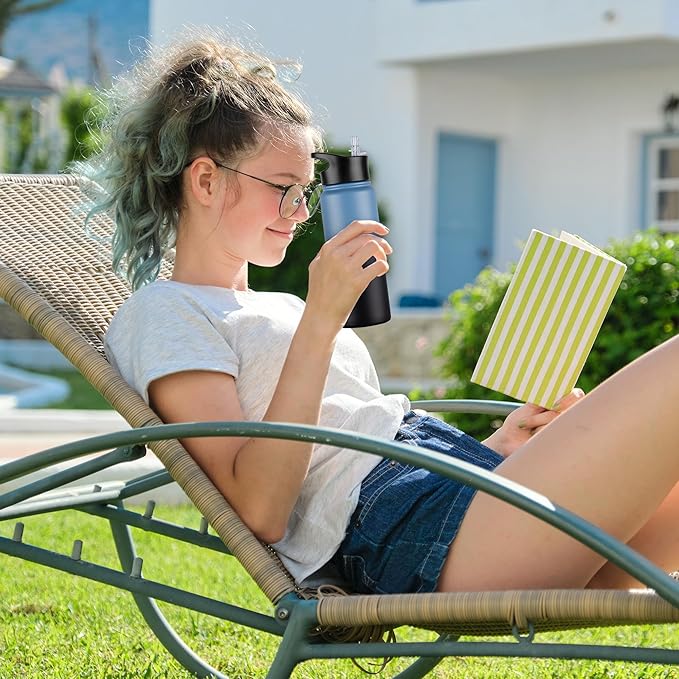 24 oz Insulated Water Bottle Bulk 4 Pack, Stainless Steel Sports Water Bottles with Straw Lid & Wide Mouth Lids, Double Walled Vacuum, Leak Proof, Blue Black Gradient