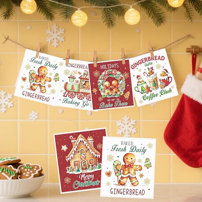 Christmas Swedish Dishcloths for Kitchen - 6PCS Gingerbread Christmas Swedish Cloths for Washing Dishes, Gingerbread Candy Reusable Dish Towels Gifts, Xmas Washable Cleaning Sponge for Home