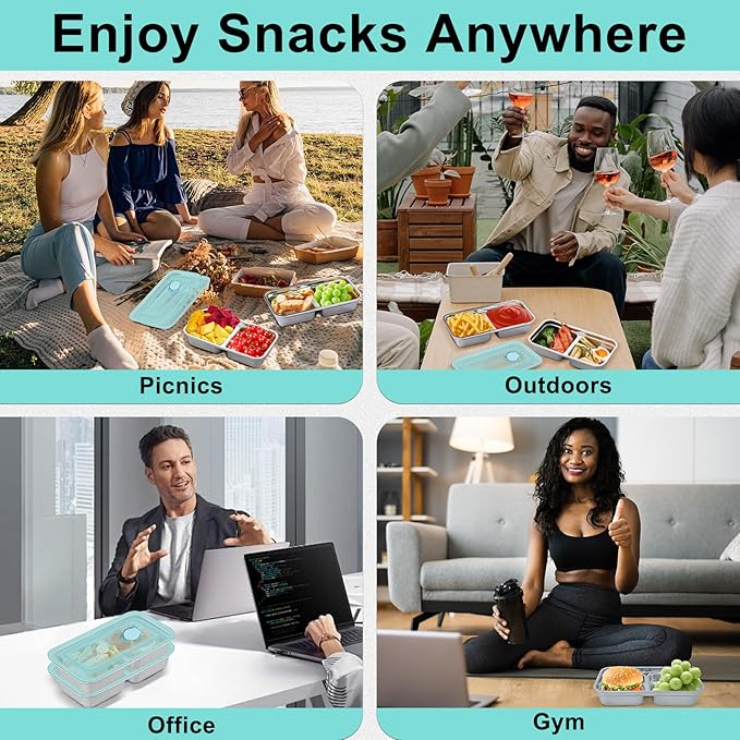 2 Pack Stainless Steel Snack Containers, Reusable Grab and Go Snack Containers with Leakproof Lids, 2 Compartment Food Lunch Meal Container Prep for Travel, Outdoor Camping(Dishwasher Safe)