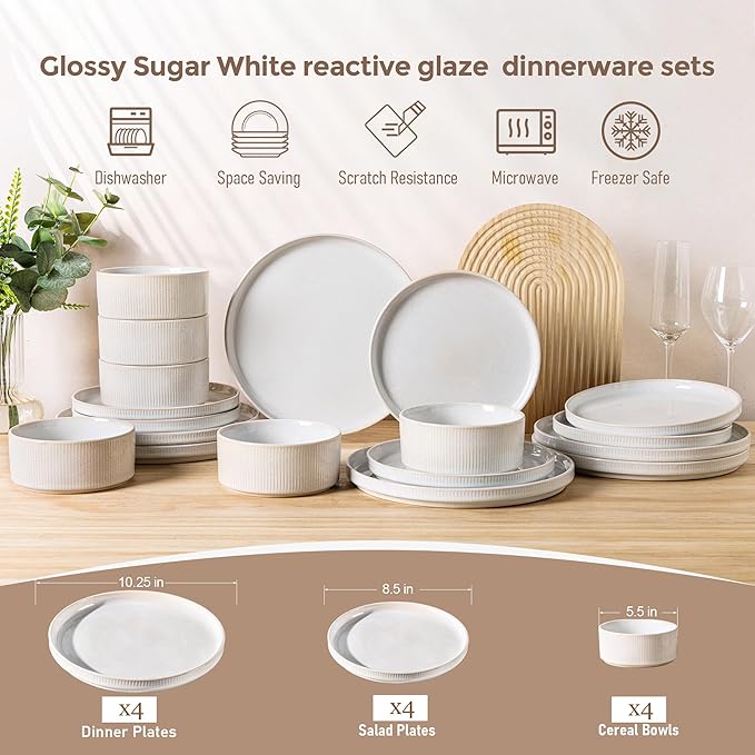 GBHOME Stoneware Dinnerware Sets for 4, Round Reactive Glaze Ceramic Plates and Bowls Set, Highly Scratch Resistant | Dishwasher & Microwave Safe ,Service for 4(12Pcs)