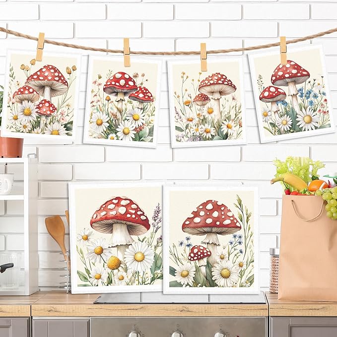 Red Mushroom Swedish Dishcloths for Kitchen - 6PCS Mushroom Swedish Cloths for Washing Dishes, Reusable Dish Towels Gift, Funny Washable Cleaning Sponge Fast Drying