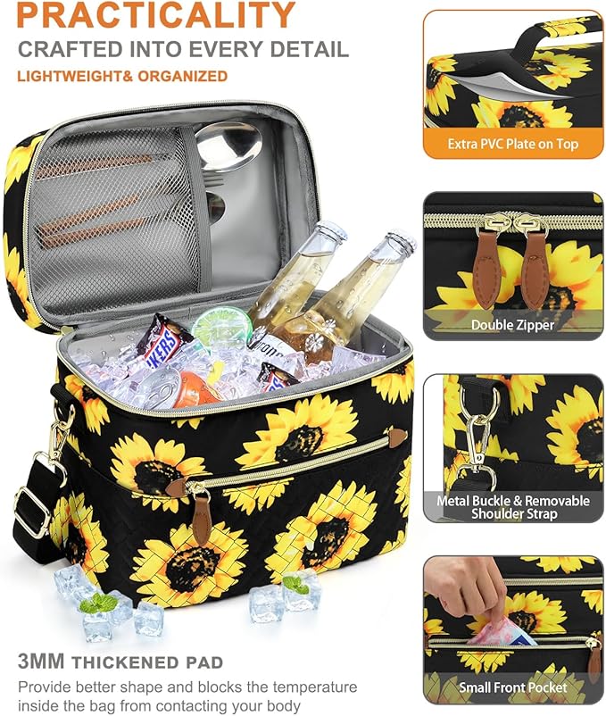 Capolo Lunch Box for Women Men Adults,Insulated Lunch Bag Leakproof Lunch Cooler Box with Removable Strap Cute Lunch Tote Bags Reusable Thermal Lunchbox for School Work Picnic(Small,Sunflower)