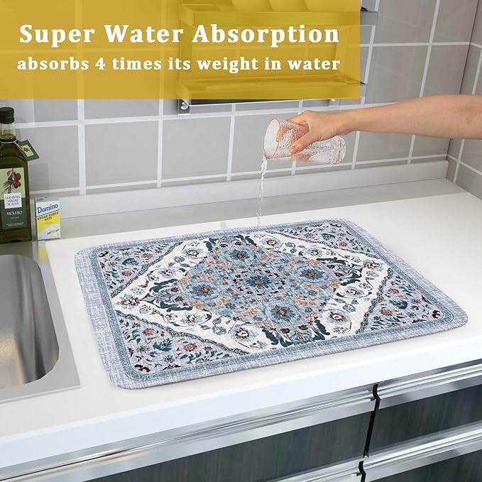 Boho Flower Dish Drying Mat Blue Bohemian Dishes Drainer Rack Mat 18x24 Inch Microfiber Kitchen Drying Pad for Countertop Tableware Decor