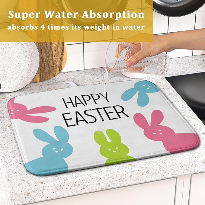Spring Easter Dish Drying Mats for Kitchen Counter 16×18 Inch Cute Bunny Rabbit Small Microfiber Drying Mat Kitchen Accessories Dish Rack Mat Drainer Pad Washable Absorbent