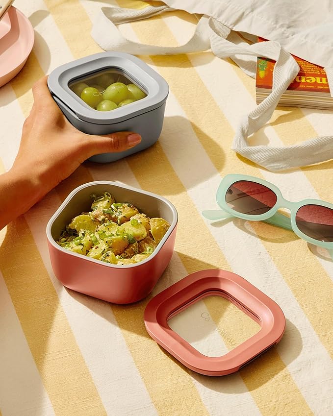 Caraway 2pc Glass Food Storage Set - 1.75 Cup Food Containers (2) - Non-Toxic Ceramic-Coated Glass - Air Release Technology - Compact & Stackable Design - Gray