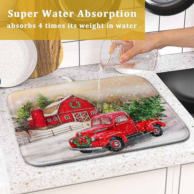 Red Truck Dish Drying Mat Xmas Tree Dish Drainer Rack Mat Winter Microfiber Absorbent Drying Pad for Home Kitchen Counter Decor 16x18 Inch