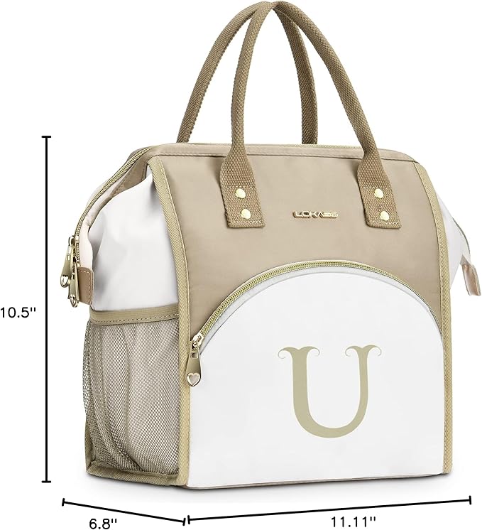 Personalized Lunch Box for Women, Reusable Insulated Lunch Bag, Wide-Open Adult Lunchbox Cooler Lunchbag Snack Organizer, Initial Leakproof Lunch Tote Bag for Picnic Work Outdoors, U