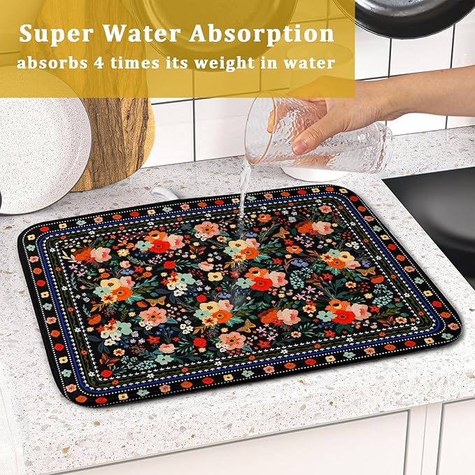 Black Flowers Dish Drying Pad Boho Floral Washable Microfiber Kitchen Mat for Home Decor