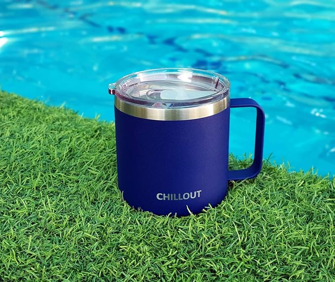CHILLOUT LIFE Stainless Steel 16 oz Vacuum Insulated Coffee Mug with Handle and Lid, Large Thermal Camping Coffee Mug Cup with Durable Sliding Top for Men & Women - Keeps Beverages Hot/Cold