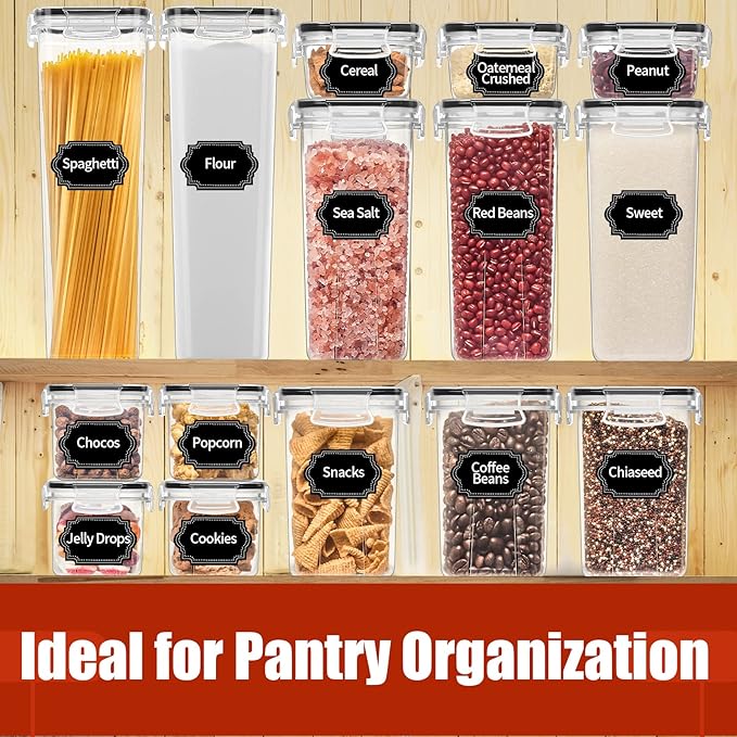 PRAKI 30 Pack Airtight Food Storage Containers for Kitchen Pantry Organizers and Storage, Plastic Kitchen Storage Canisters with Lids,Cereal, Flour & Sugar Containers - Labels, 6 Spoon & Marker