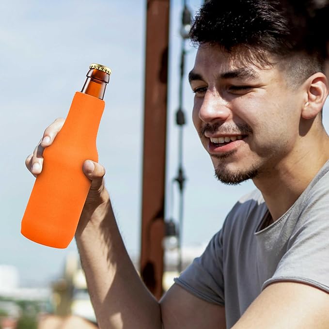 10 Neoprene Zippered Beer Bottle Coolies Pack - Sharkskin Rubber Bottom - Neon Orange