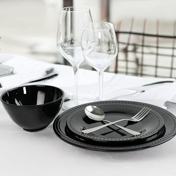 Black Melamine Dinnerware Set of 12 Pcs, BPA Free Dishes Set, Plates and Bowls Sets for Indoor Outdoor Dining on the Beach, RV, Camping Use,Lightweight Unbreakable Dishwasher Safe