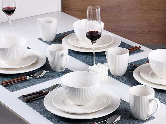 16 Piece Porcelain Dinnerware Sets for 4, White Plates and Bowls Sets with Mugs, Dishwasher and Microwave Safe - Embossed Stripe Decro, Elegant Kitchen Dish Sets, QOMO-1996