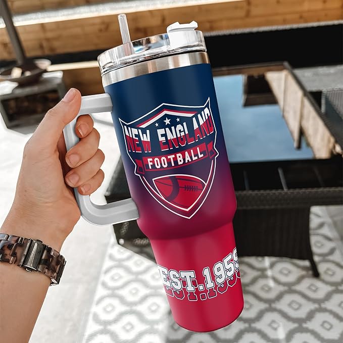 Personalized Football Tumbler with Handle & Straw, 40oz Stainless Steel Insulated Travel Mug, Custom Name & Number Cup, Game Day Coffee Fan Gift (New England)