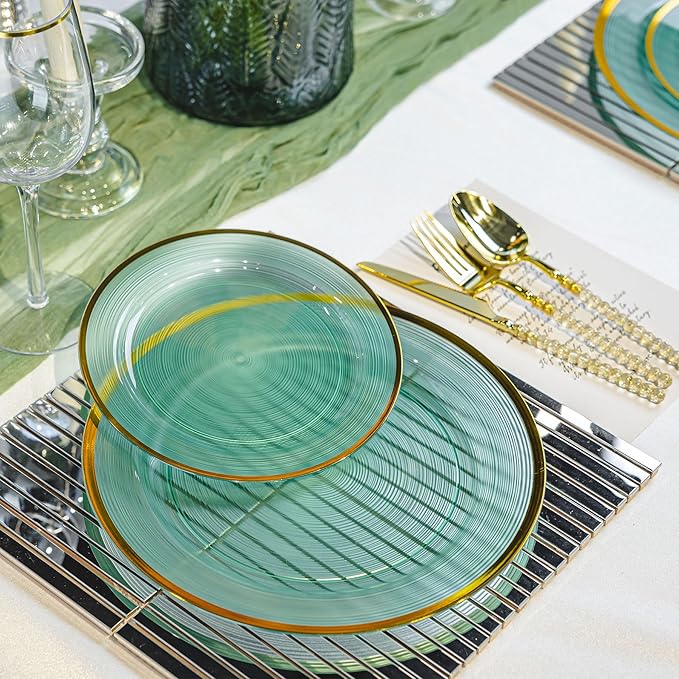 120PCS Green Plastic Plates with Gold Rim, Heavy Duty Disposable Plate, Fancy and Elegant Circular Ribbed 60 Dinner and Dessert Plates for Party, Weddings