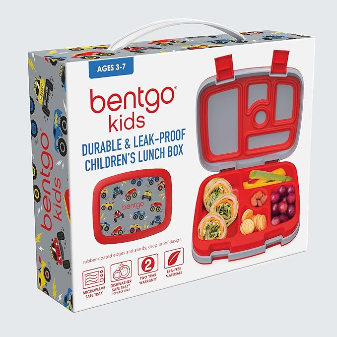 Bentgo Kids Prints Leak-Proof, 5-Compartment Bento-Style Kids Lunch Box - Ideal Portion Sizes for Ages 3-7, Durable, Drop-Proof, Dishwasher Safe, & PFAS & BPA-Free Materials (Trucks)