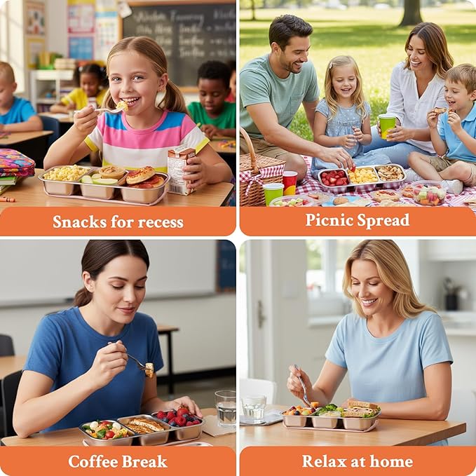 2 Pack Stainless Steel Snack Containers, 3 Compartment Snack boxes, Reusable Snack Containers with Lids for Adults - Leakproof Divided Metal Food Storage Bento Lunch Box for Work, Office, Travel