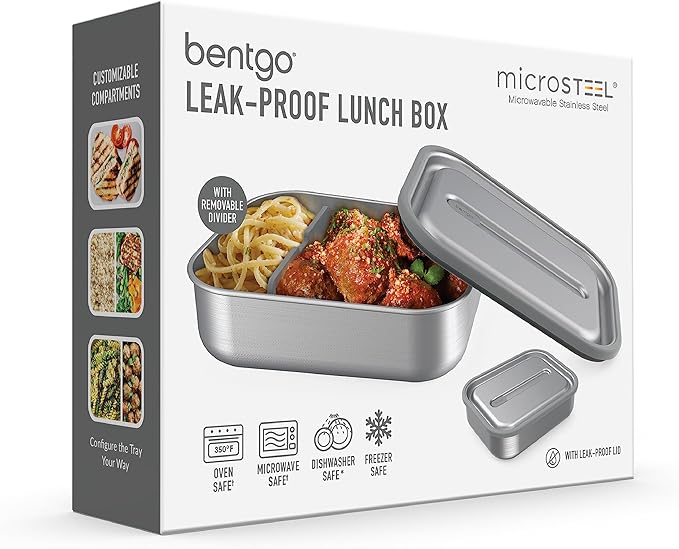 Bentgo MicroSteel Leak-Proof Lunch Box - Microwave-Safe, Oven-Safe, Bento-Style Container with Removable Divider, Airtight Lid, Sustainable Design, Odor & Stain Resistant (Stainless Steel)