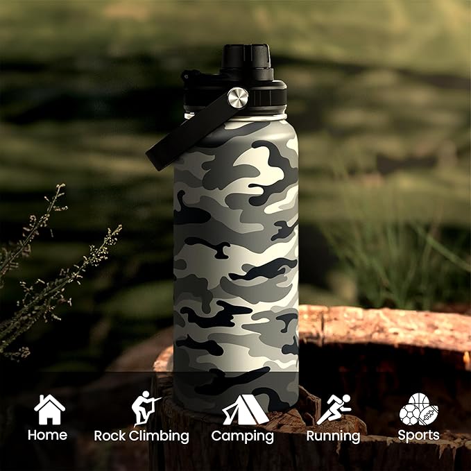 Camo Water Bottle - Camouflage Bottles 32oz Stainless Steel Insulated Sports Tumbler with Lid, Gifts for Men Veteran Hunting Lover Sport Outdoor Workout