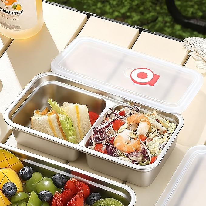 4 Pack Reusable Stainless Steel Snack Containers with Lids, Double Compartment Grab and Go Snack Food Storage Durable Portable for Adults Travel and Outdoor Camping Lunch Snack Boxes
