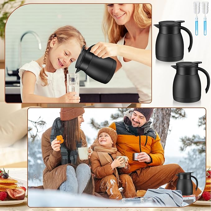Uiifan 2 Pcs Thermal Coffee Carafe Insulated Stainless Steel Coffee Carafes for Keeping Hot and Cold Double Walled Vacuum Thermal Pot Flask with Brush for Water Milk Tea Home and Office(Black,17oz)