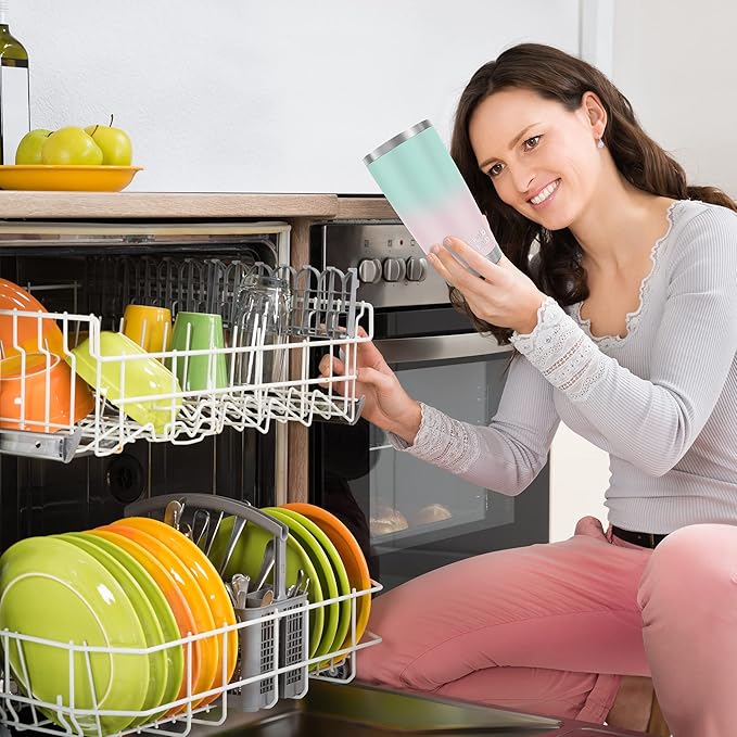 WETOWETO 20oz Insulated Stainless Steel Tumbler, Coffee Tumbler with 2 Lids and 2 Straws, Double Wall Vacuum Leak-proof Travel Coffee Mug, Powder Coated Water Cup (Green-Pink Gradient, 1 Pack)