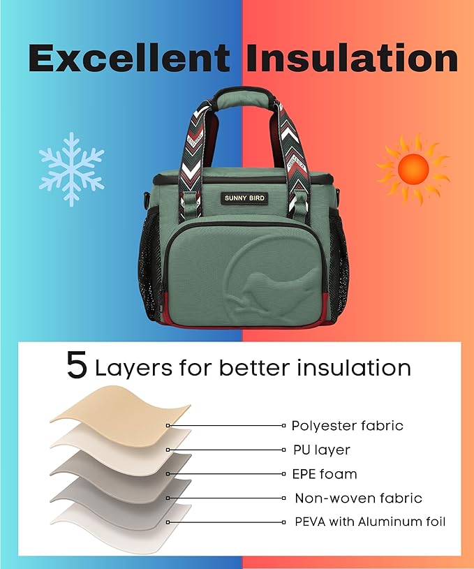 SUNNY BIRD 12L Large Insulated Lunch Bag, Foldable Lunch Cooler Box for Women Adult and Men, Fits 18 Cans (Green with Boho Strap)