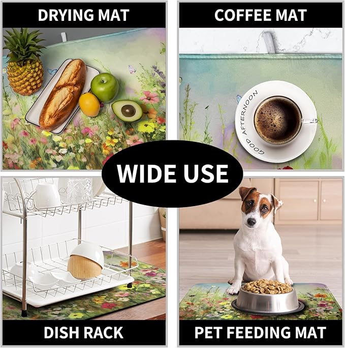 Spring Floral Dish Drying Mat for Kitchen Counter 18x24 Inch Sage Green Wild Flowers Drying Mats Spring Summer Plant Microfiber Absorbent Large Dish Rack Pad for Coffee Bar Sinks Home Accessories