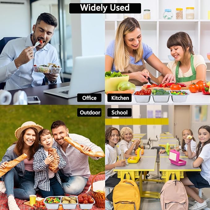 Stainless Steel Snack Box Containers, Reusable 3 Compartment Condiment Box with Lids, Food Container Sauce Cups, Divided Food Storage Containers for Home and Travel (Clear Lid)