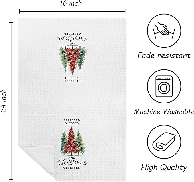 Red and Green Christmas Tree Kitchen Towels, Seasonal Xmas Winter Dish Tea Towels for Kitchen, Rustic Xmas Tree Decorative Hand Towel for Bathroom, 16x24 Inch