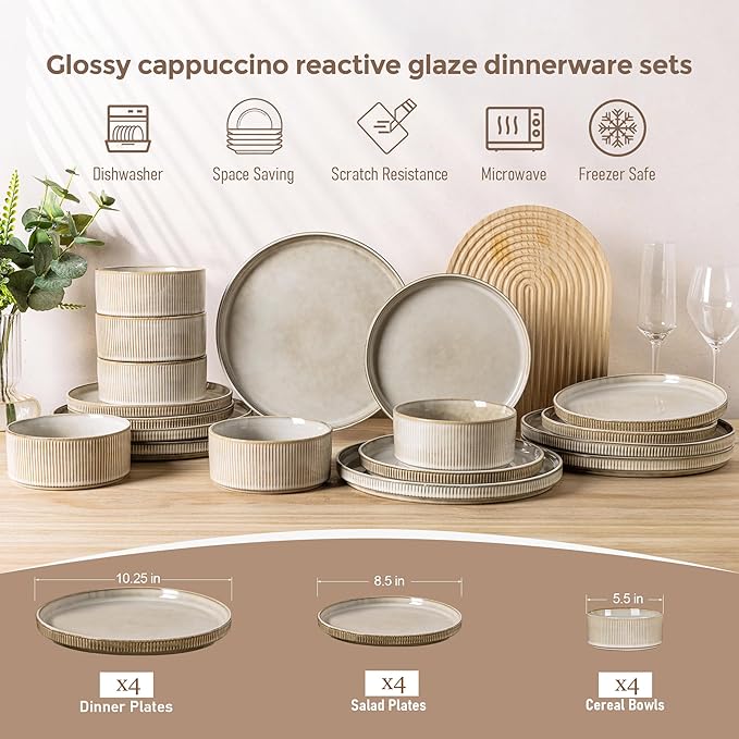 GBHOME Stoneware Dinnerware Sets for 4,Round Reactive Glaze Ceramic Plates and Bowls Set,Highly Scratch Resistant | Dishwasher & Microwave Safe Dishes Set,Service for 4(12Pcs)