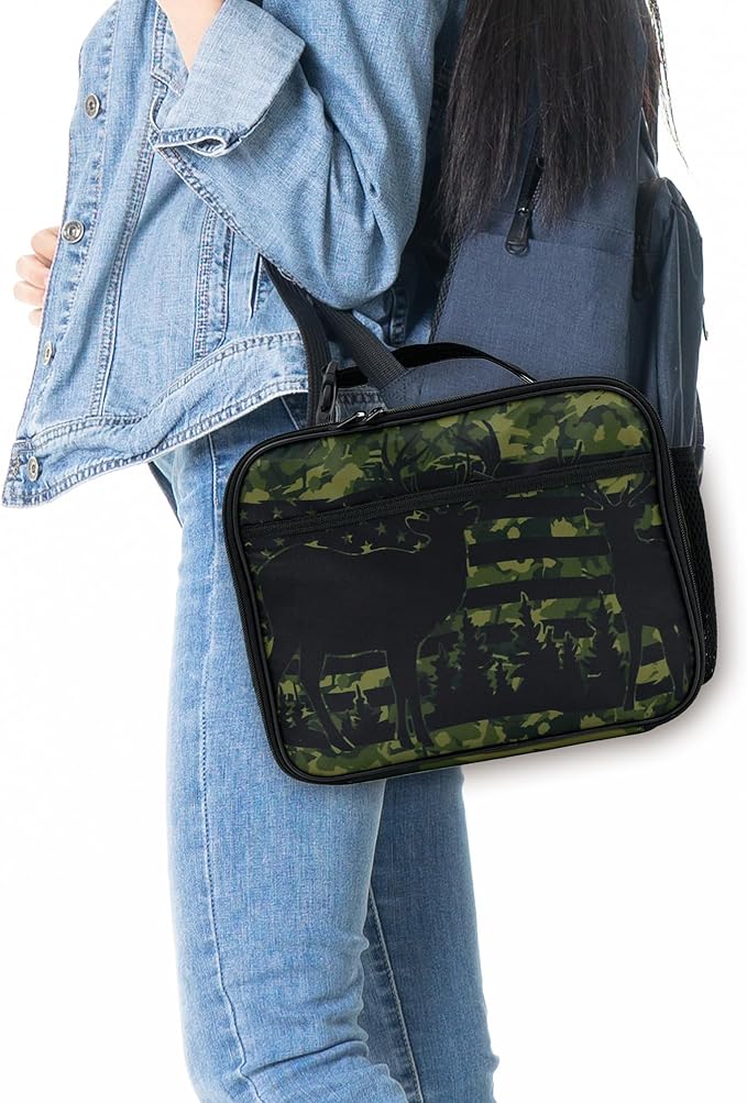 Camo Flag Deer Lunch Box Insulated Reusable Lunch Bag Tote Cooler for Women Men Boy Girl School Work Office Picnic