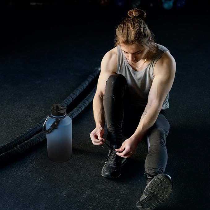 64 oz Insulated Water Bottle with Straw & Spout Lids, Stainless Steel Metal Half Gallon Water Jug with Paracord Handle, Double Wall Vacuum, Leakproof, Keep Drinks Cold & Hot, Blue Black Gradient