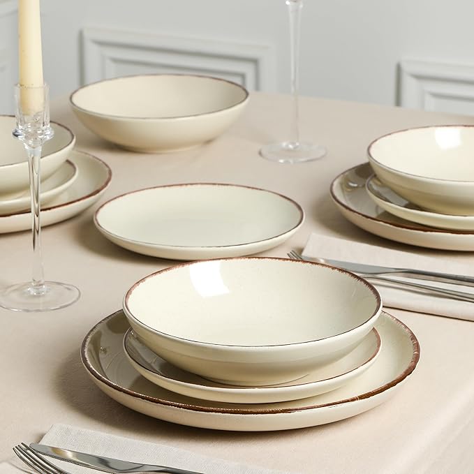 Earth and Clay Heath 12-Piece Dinnerware Set Stoneware, Plates and Bowls Set, Dishwasher and Microwave Safe, Dish Set for 4, Coffee
