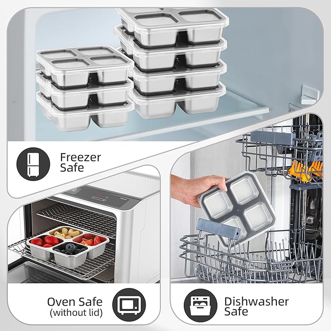 4 Pack Stainless Steel Snack Containers with Lids 4 Compartment Lunch Box for Adults & Kids Meal Prep Bento Box Containers Reusable