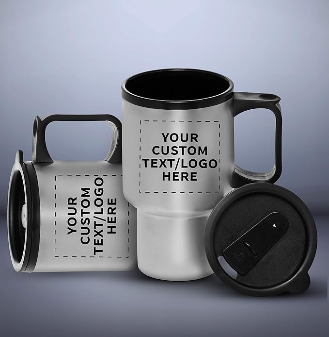 Personalized 14oz Travel Mugs Stainless Steel - 50 Pack - Custom Text, Logo - Stainless Steel